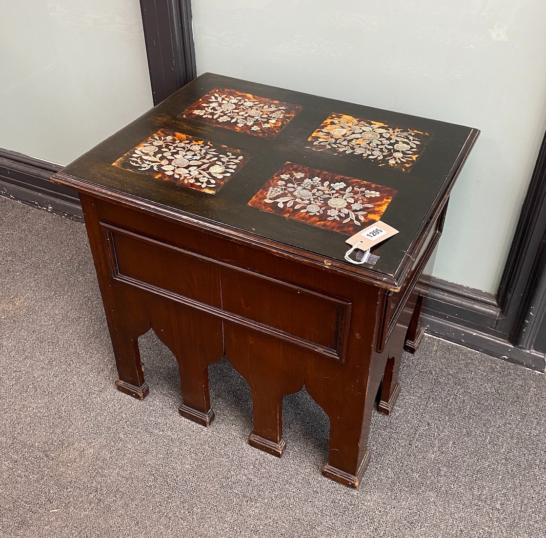 An early 20th century Liberty style rectangular mahogany occasional table the top inset four mother of pearl inlaid tortoiseshell panels, width 55cm, depth 45cm, height 50cm